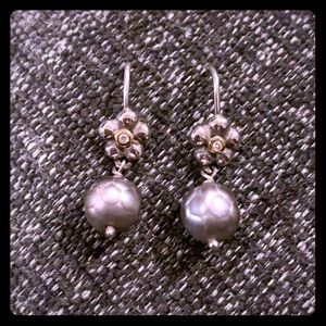 PANDORA RETIRED SILVER/GLD/DIAMOND PEARL EARRINGS